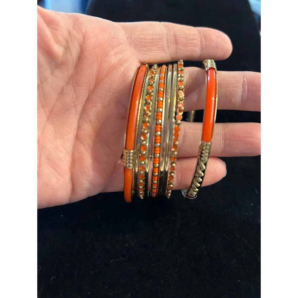 Set of 9 Orange Gold‎ Tone Bangle Bracelets Boho Stack Layered Beaded Rhinestone